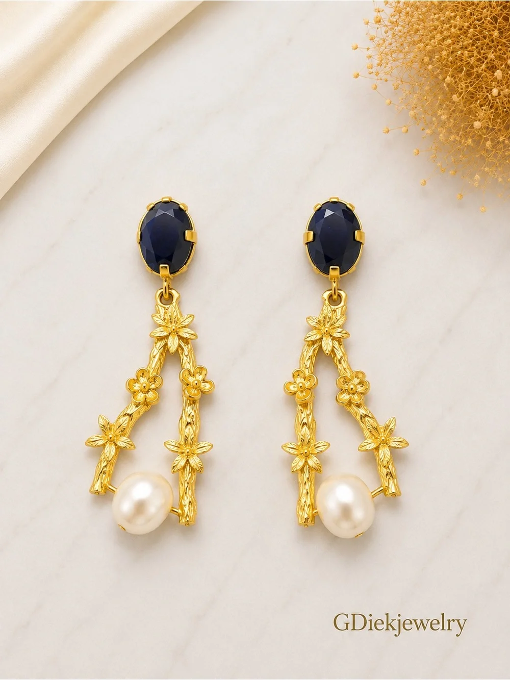 Goldfilled  Floral Pearl Drop Earrings with Navy Stone
